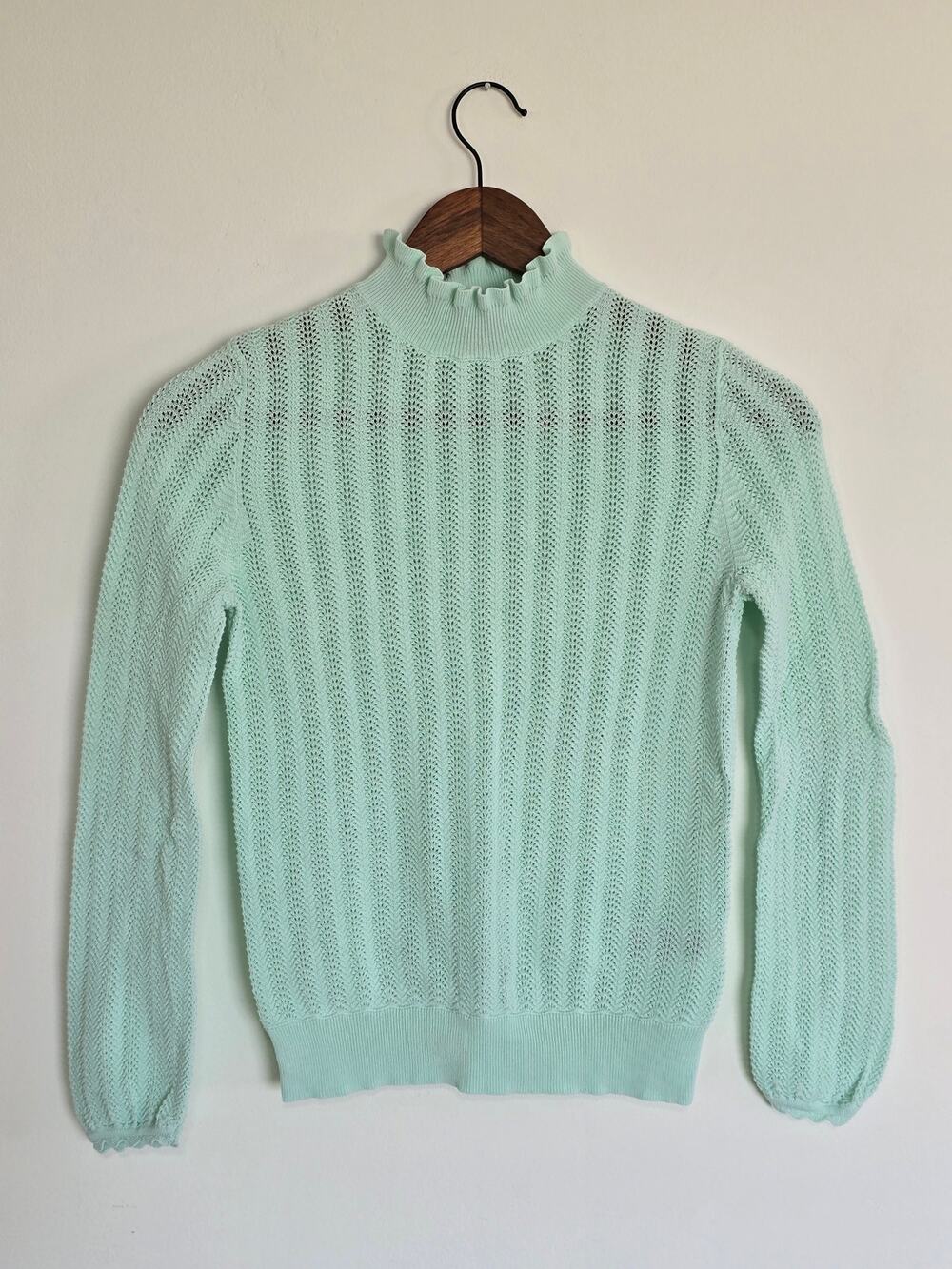 J.Crew Pointelle Ruffle Mockneck Cotton Sweater Mint Green Size: XXS